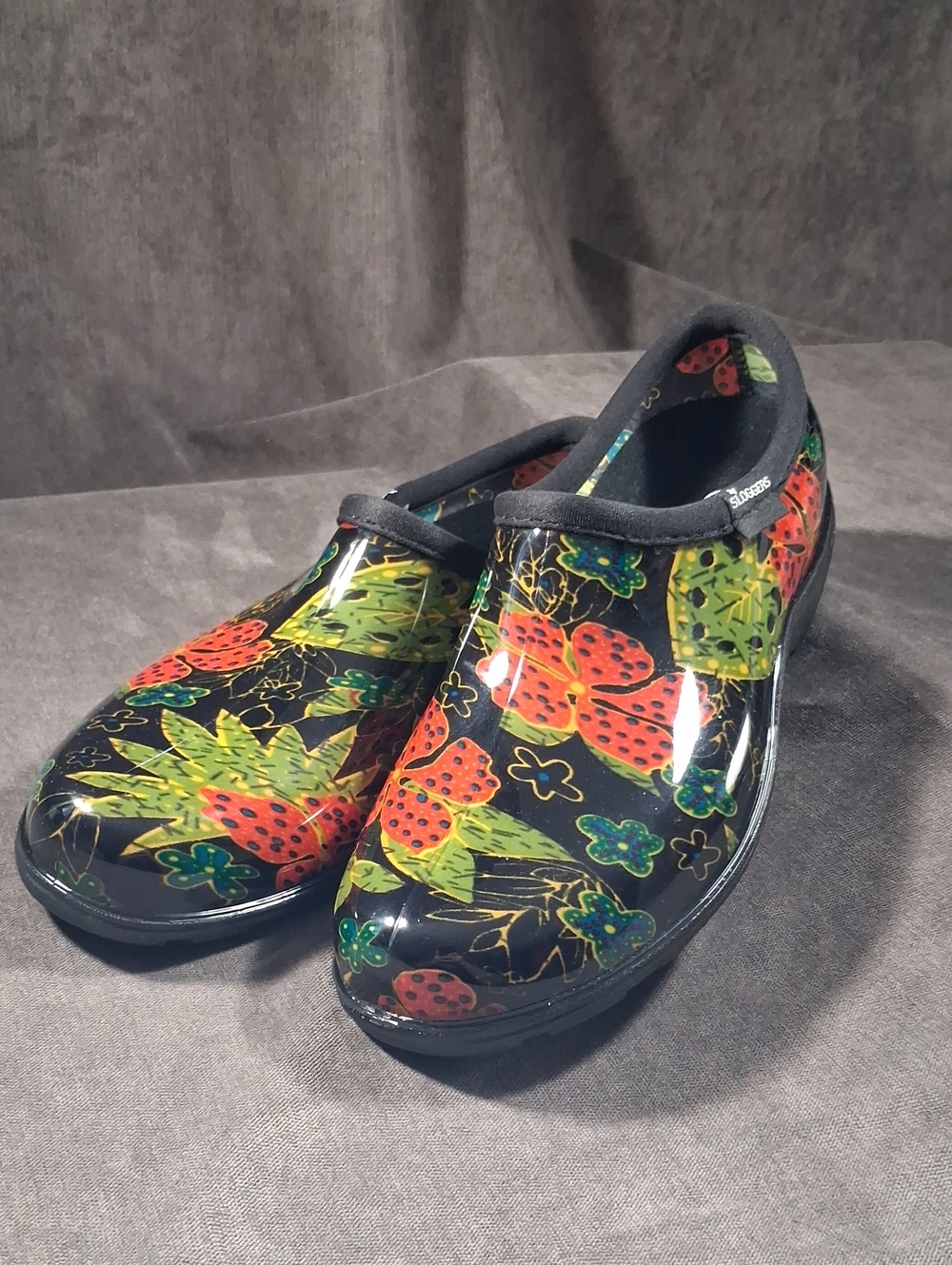 Sloggers Midsummer Black Print Rain Garden Shoe All-Day-Comfort Insole NWOT US 9